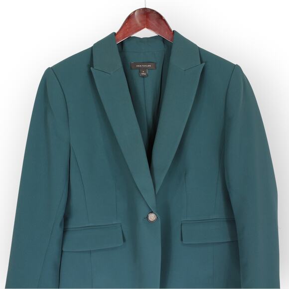 Sz8 AnnTaylor TheShorter OneButton Blazer SlateGreen FluidCrepe Suitwear RTO - Picture 9 of 15